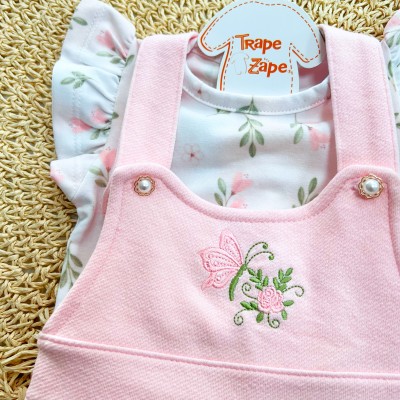  Conj. Blusa e Jardineira Borboleta Bordada - Rosa